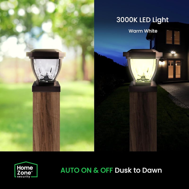 Home zone Security Solar Post Cap Lights - Decorative Glass LED Outdoor 4x4 (3.5 x 3.5 in.) Post Lights, Bronze (2-Pack) - Image 4